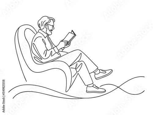 Single line drawing is grandfather reading a book on the sofa. Grandparents day. Continuous line drawing design graphic vector illustration. 
