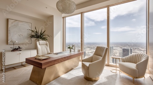 Elegant office interior with city view and luxurious modern furniture arrangement