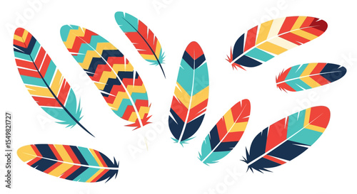 Colorful Feathers Illustration: Graphic Set of Decorative Plumes with Bold Patterns