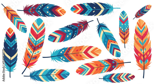 Collection of Vibrant Tribal-Style Feathers with Geometric Patterns and Warm Color Palette