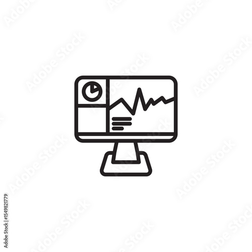 A minimalist line art icon of a computer monitor displaying data analytics. The screen shows a fluctuating line graph, a pie chart segment, and horizontal lines, symbolizing a dashboard.