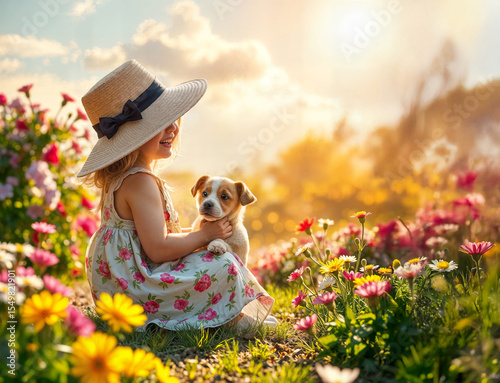 Little girl playing with her Jack Russell Terrier puppy in blooming Spring garden.