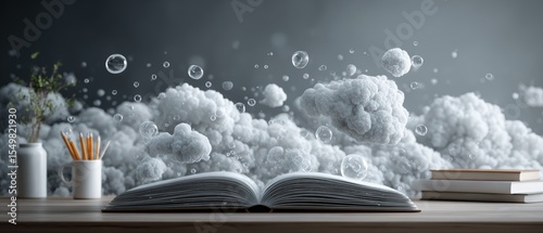 Open Book with Clouds and Bubbles on Table Surrounded by Light
