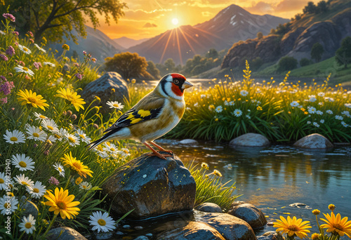European Goldfinch perched on a rock beside a river  as wild Spring daisies bloom in full splendor.