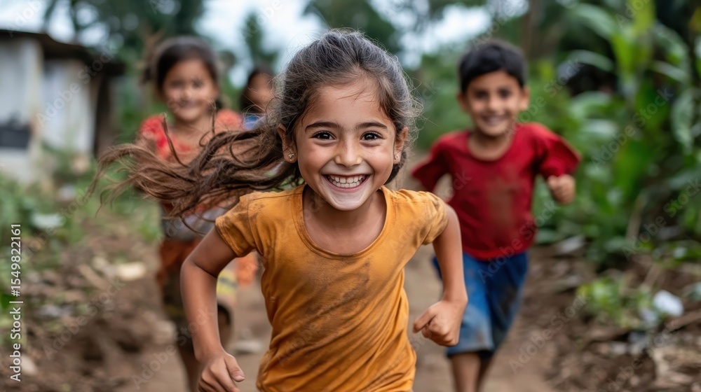 Fototapeta premium A heartwarming scene of joyful children running and laughing in a lush environment, embodying the boundless energy and innocence of childhood during outdoor playtime.