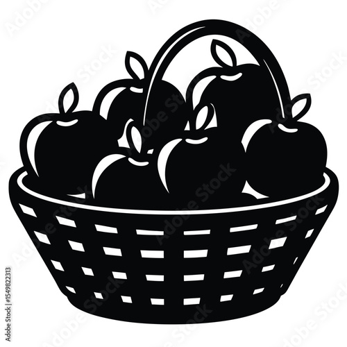 Black and white illustration of a woven basket overflowing with ripe apples