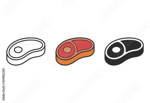 Set of three steak icons in outline color and solid black styles