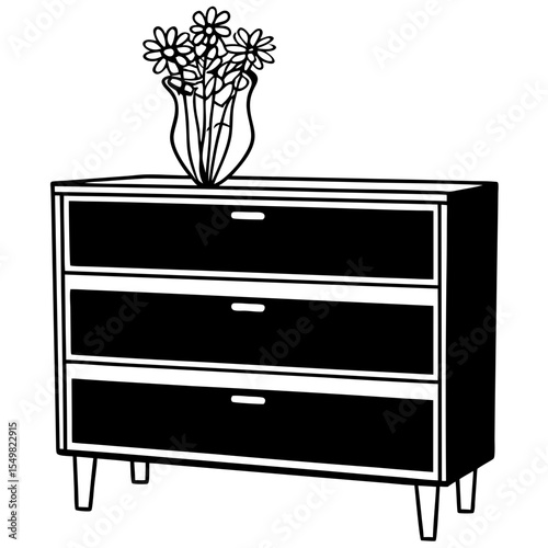 Black and white silhouette of a dresser with a vase of flowers on top