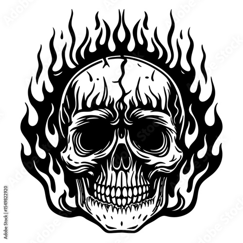 Intricate black and white skull with fiery flames silhouette