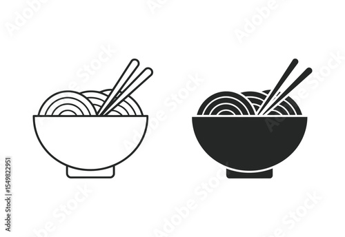 Simple line art and solid silhouette icons of a bowl of noodles with chopsticks