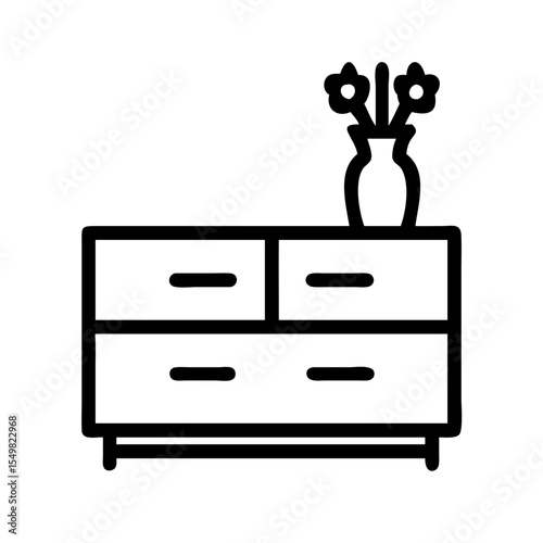 Simple black line drawing of a dresser with a vase of flowers silhouette