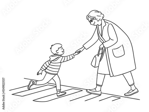 Single line drawing oa young boy with a kind smile offers his hand to an elderly woman. Together, they step onto the crosswalk. Random Acts of Kindness Day. Continuous line design graphic illustration