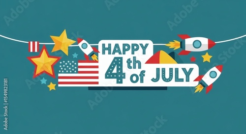 Happy 4th of July! Festive Patriotic Banner Design with Stars and Rockets