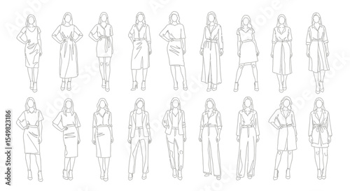 Elegant Line Art Fashion Illustrations of Women in Various Outfits