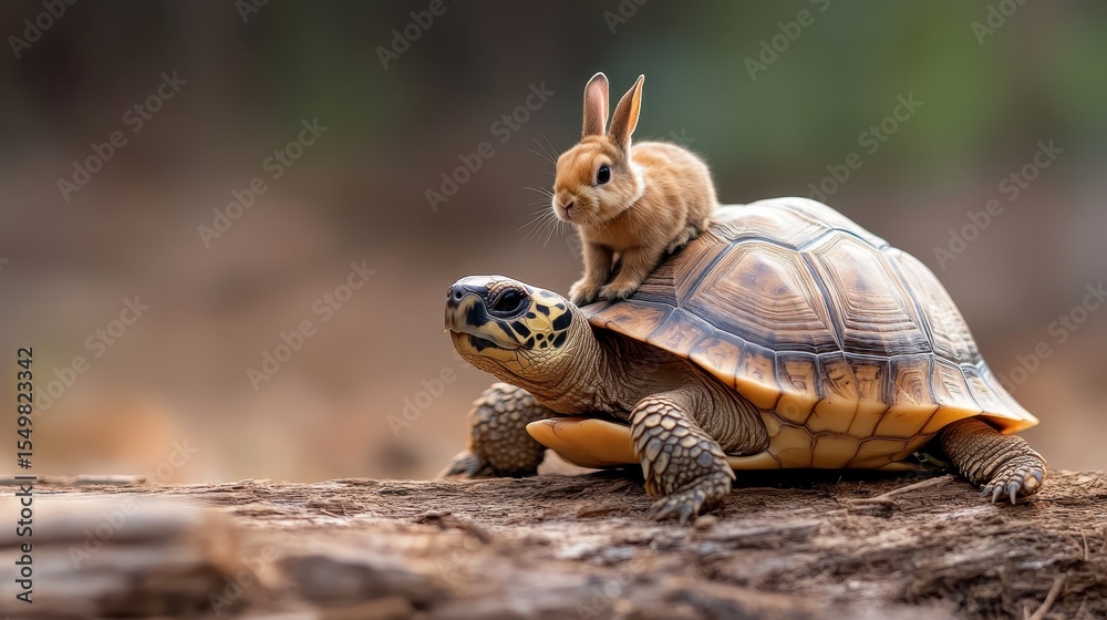 Naklejka premium A cute bunny sits atop a tortoise's shell in a natural outdoor setting, showcasing an unusual but delightful animal friendship that's sure to bring a smile.