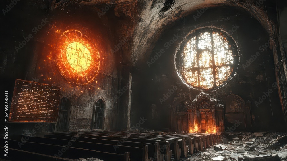 Fototapeta premium Ruined Church: Sunken Altar, Glowing Orb
