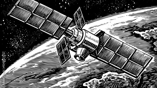 Solar collector satellite orbiting Earth with large reflective panels, a black and white sketch vector