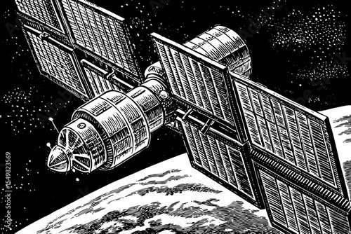 Solar collector satellite orbiting Earth with large reflective panels, a black and white sketch vector