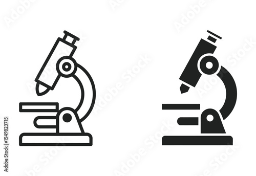 Two simple icons of a microscope one outlined and one solid black