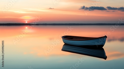 Boat Reflecting in Calm Water at Sunset Serene Reflections Minimalist Scene