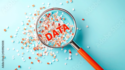 Magnifying glass focusing on word DATA among multicolored particles on blue background