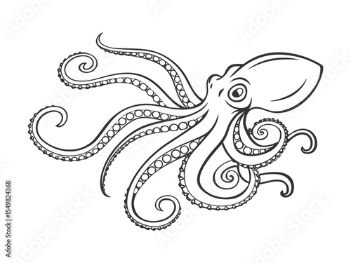 Single one curly line drawing of cute octopus abstract art. Continuous line drawing graphic design vector illustration of octopuses' bulbous heads for icons, symbols