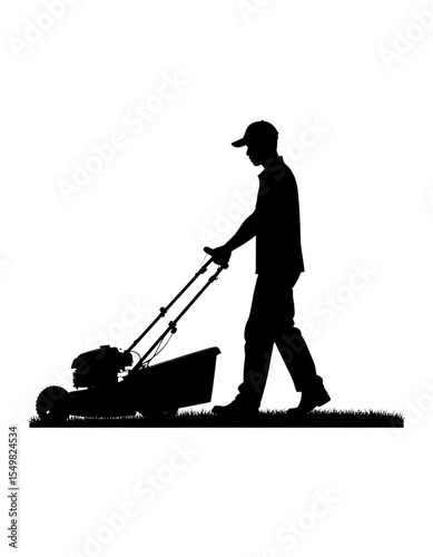 A crisp silhouette depicts a man pushing a lawnmower across a field, illustrating garden maintenance.