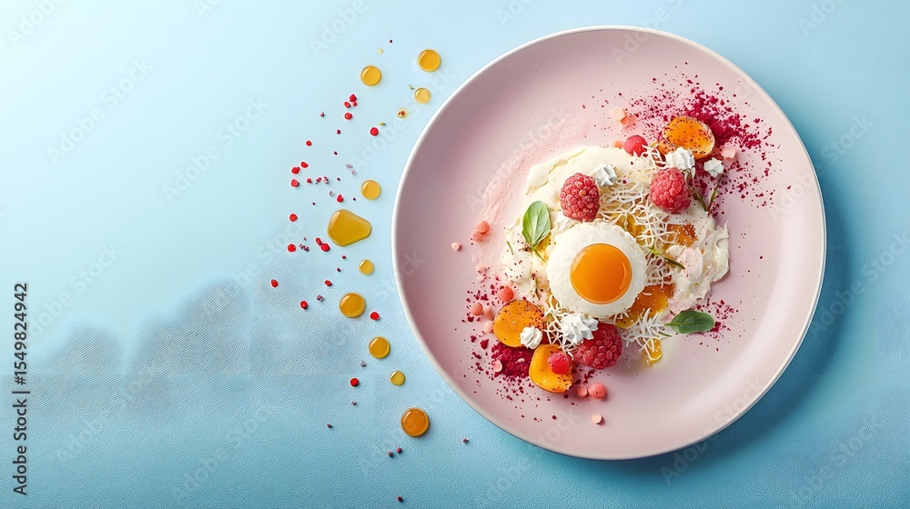 Gourmet Breakfast Plate with Egg and Fresh Berries on Blue Surface Gourmet Breakfast Plate with Egg and Fresh Berries on Blue Surface