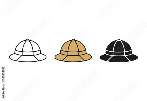 Collection of three safari pith helmets in different styles and colors