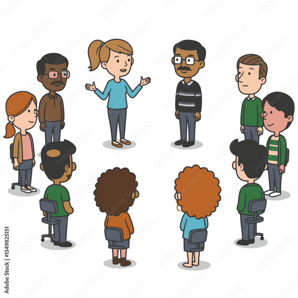 Naklejka premium A cartoon depicts a group of people with a woman speaking in the center of a circle of eight others