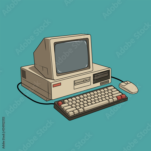 Vintage Computer on Teal Background with Keyboard and Mouse