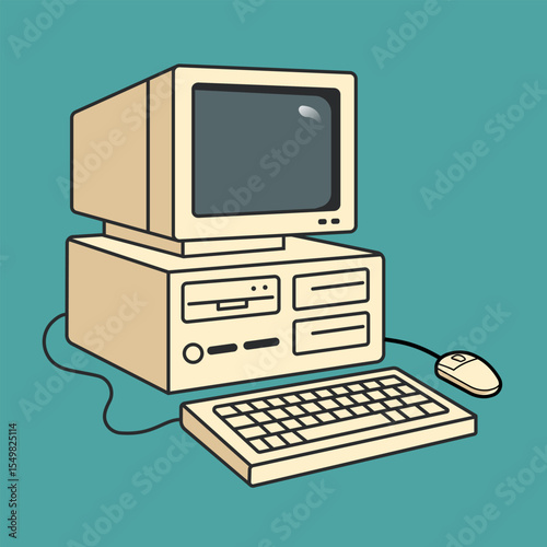 Vintage Personal Computer With Beige Keyboard and Mouse on Teal Background