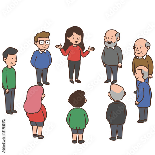 A cartoon gathering of nine people in a circle with one woman gesturing