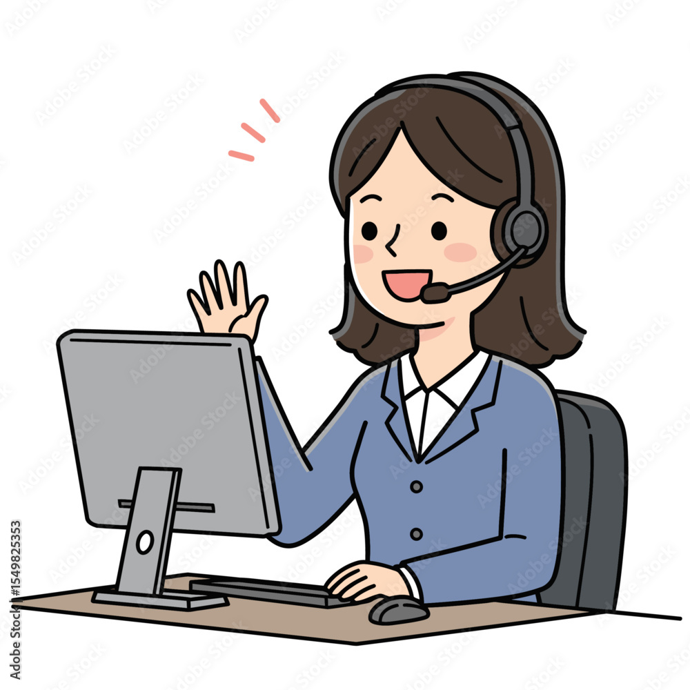 A smiling cartoon woman with a headset waves in front of a computer A smiling cartoon woman with a headset waves in front of a computer