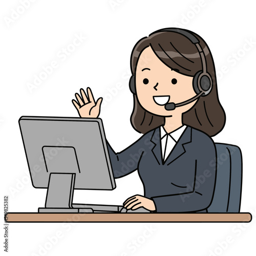A woman with a headset sits at a desk waving her hand next to a computer