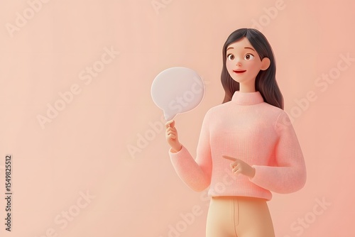 Cheerful Young Woman Holding Speech Bubble on Soft Pink Background