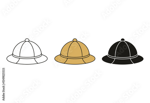 Three different styles of safari hats shown in outline color and silhouette