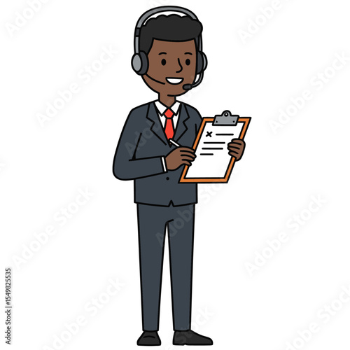 Cartoon image of a man with headset suit tie and clipboard