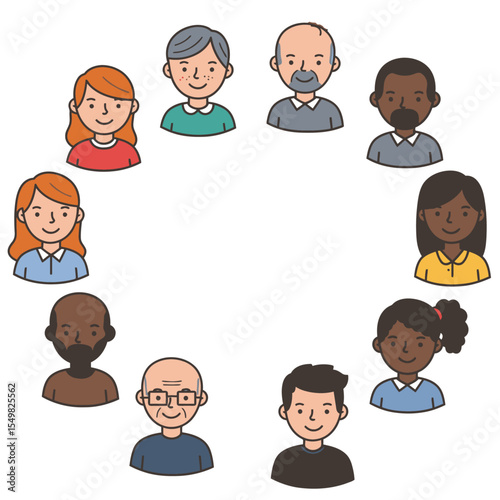 Cartoon people diverse in age and race are arranged in a circle creating a sense of unity