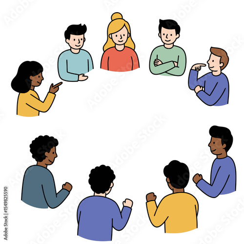Cartoon people gather in a circle some with gestures like pointing or folded arms