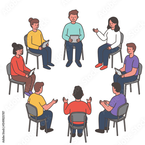 Group of people in a circle sitting on chairs some holding tablets engaging in conversation with diverse attire