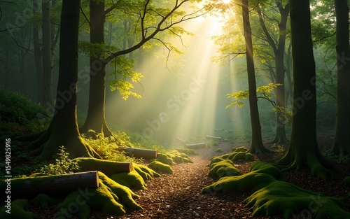 Sunlit forest scene, tranquil woodland with dappled sunlight, moss-covered ground and fallen logs, ideal for nature themes. High quality