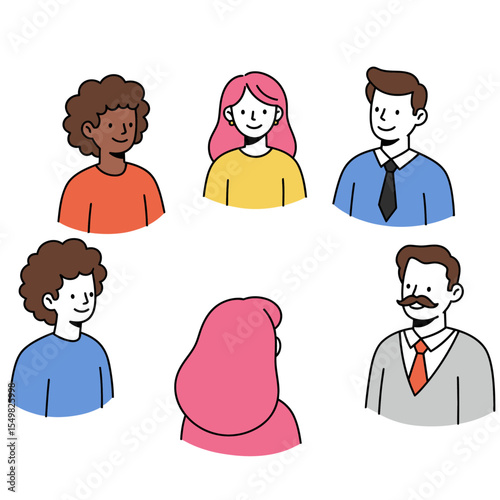 Six illustrated characters show diversity in hair skin tone and attire against a blank background