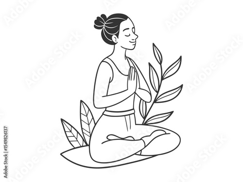 Set of tranquil women with closed eyes and croosed legs meditating in yoga lotus posture. Meditation practice. Concept of zen and harmony. Colored flat illustration isolated on white background