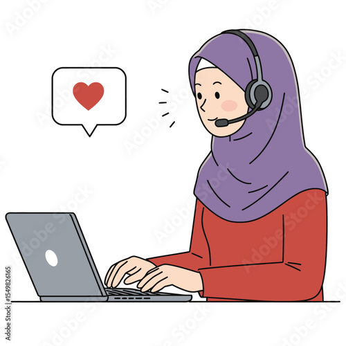 Woman in hijab with headset using laptop heart icon nearby
