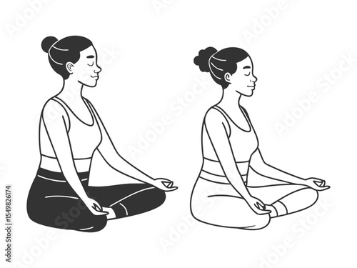Set of tranquil women with closed eyes and croosed legs meditating in yoga lotus posture. Meditation practice. Concept of zen and harmony. Colored flat illustration isolated on white background