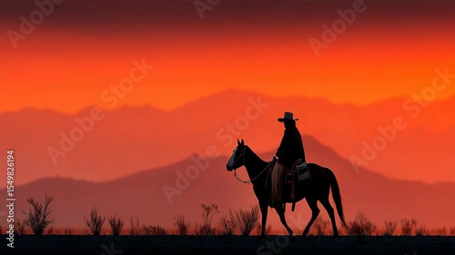 Lone cowboy riding at sunset across desert landscape with majestic mountain silhouette
