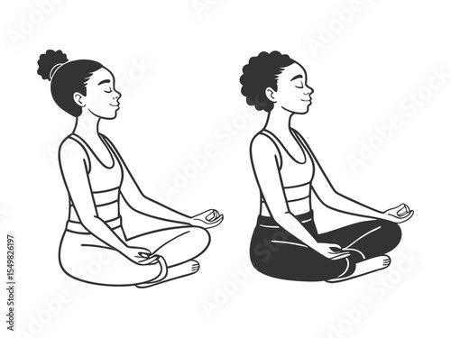 Set of tranquil women with closed eyes and croosed legs meditating in yoga lotus posture. Meditation practice. Concept of zen and harmony. Colored flat illustration isolated on white background
