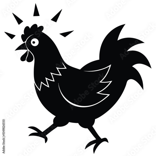 Black silhouette of a surprised or excited rooster with radiating lines above its head