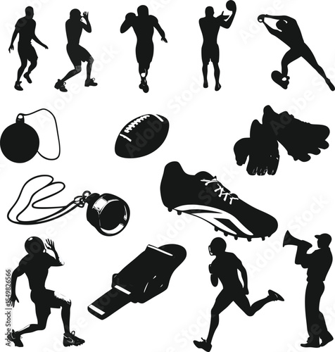 American football silhouettes collection featuring players equipment and action poses isolated on white